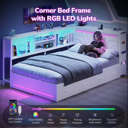Hasuit | Corner Bed Frame with Drawers and Bookcase Gaming Bed Frame with Storage Esports Style Bed with Upholstered Headboard