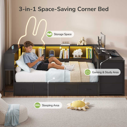 Hasuit | Twin Corner Bed Frame with Desk and 7 Storage Drawers Gaming Bed Frame with  Charging Station and Monitor Stand