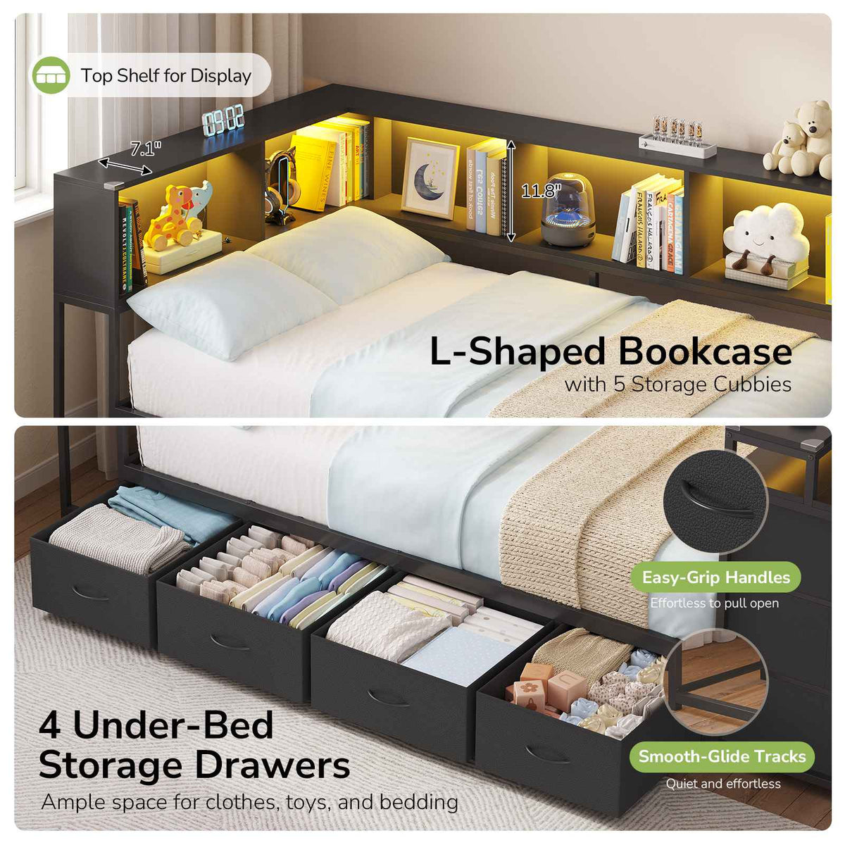 Hasuit | Twin Corner Bed Frame with Desk and 7 Storage Drawers Gaming Bed Frame with  Charging Station and Monitor Stand