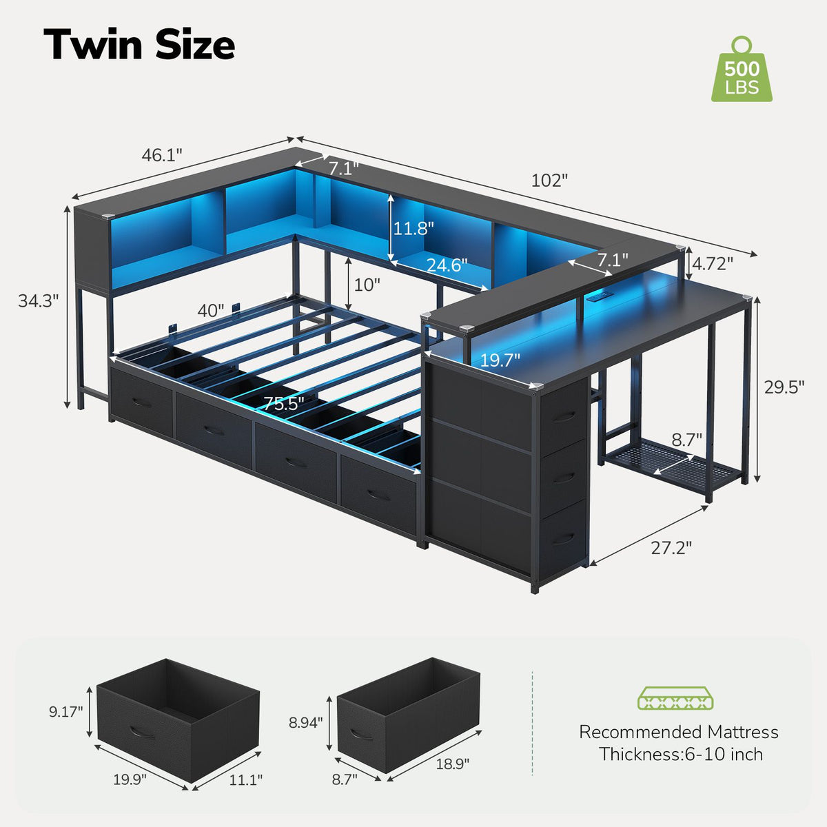 Hasuit | Twin Corner Bed Frame with Desk and 7 Storage Drawers Gaming Bed Frame with  Charging Station and Monitor Stand