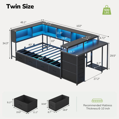 Hasuit | Twin Corner Bed Frame with Desk and 7 Storage Drawers Gaming Bed Frame with  Charging Station and Monitor Stand