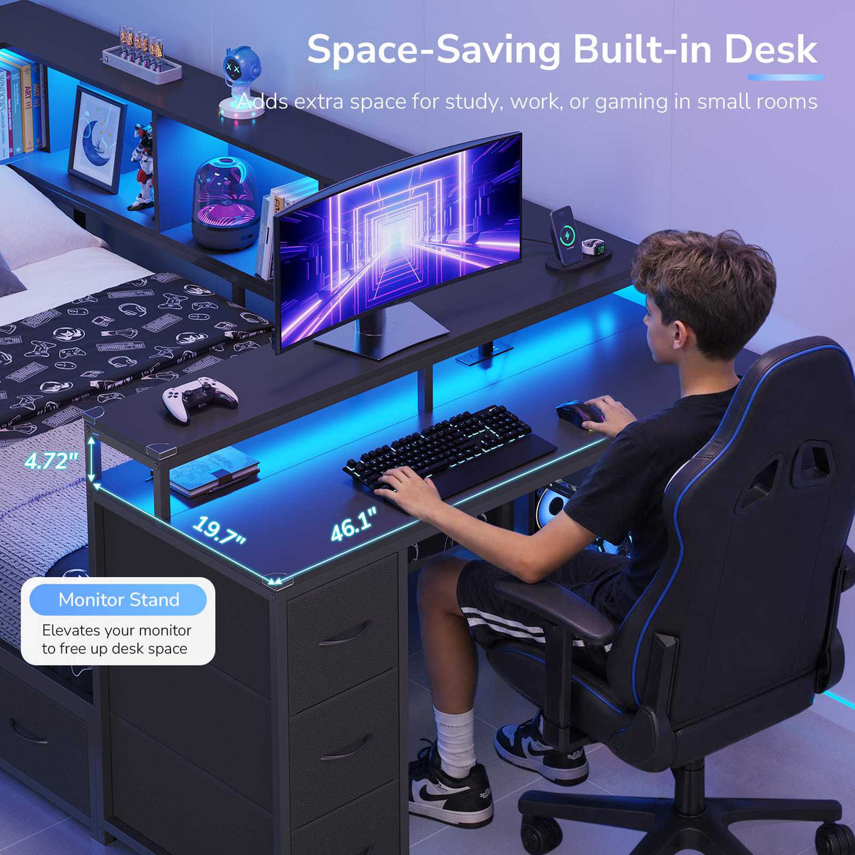 Hasuit | Twin Corner Bed Frame with Desk and 7 Storage Drawers Gaming Bed Frame with  Charging Station and Monitor Stand