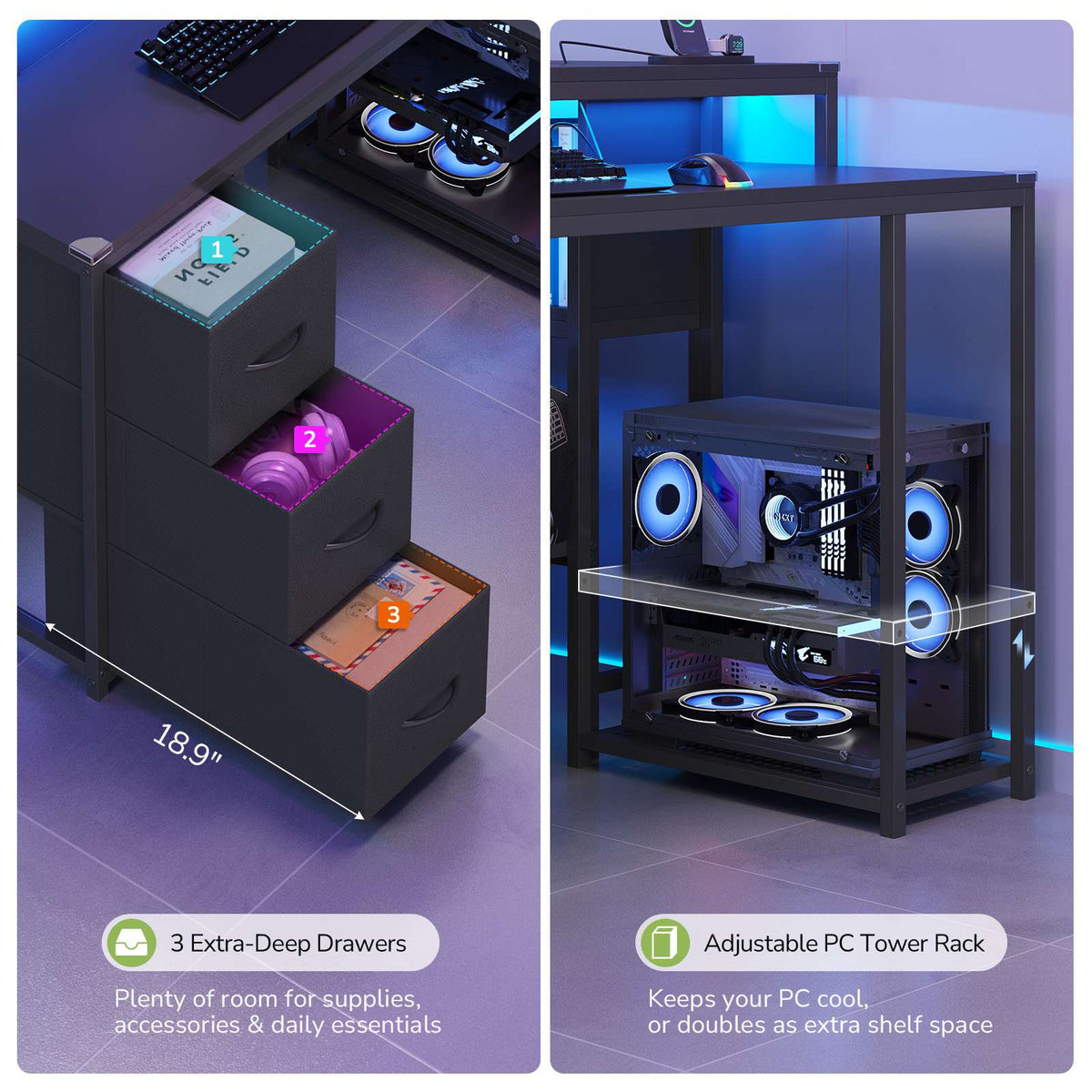 Hasuit | Twin Corner Bed Frame with Desk and 7 Storage Drawers Gaming Bed Frame with  Charging Station and Monitor Stand