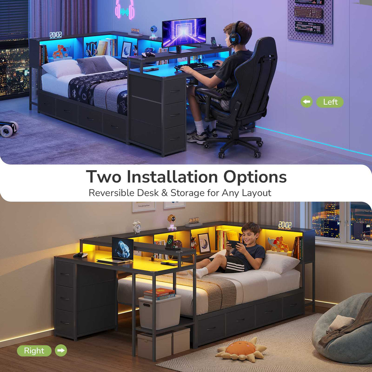 Hasuit | Twin Corner Bed Frame with Desk and 7 Storage Drawers Gaming Bed Frame with  Charging Station and Monitor Stand