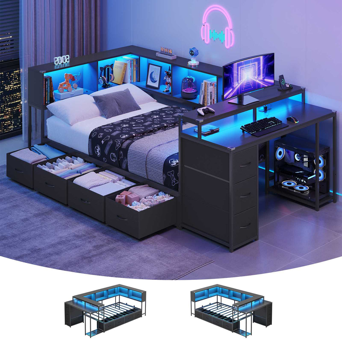 Hasuit | Twin Corner Bed Frame with Desk and 7 Storage Drawers Gaming Bed Frame with  Charging Station and Monitor Stand