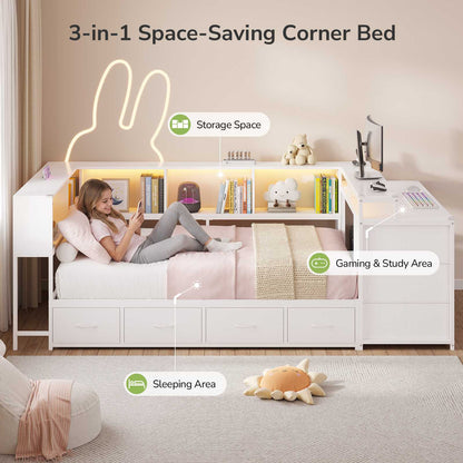Hasuit | Twin Corner Bed Frame with Desk and 7 Storage Drawers Gaming Bed Frame with  Charging Station and Monitor Stand
