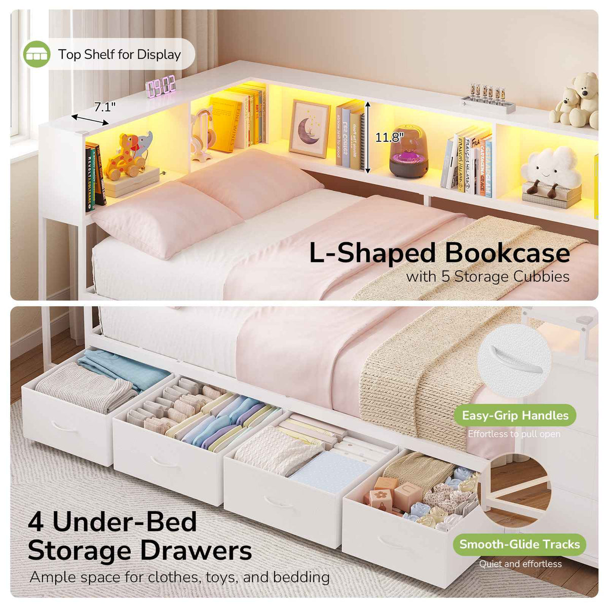 Hasuit | Twin Corner Bed Frame with Desk and 7 Storage Drawers Gaming Bed Frame with  Charging Station and Monitor Stand