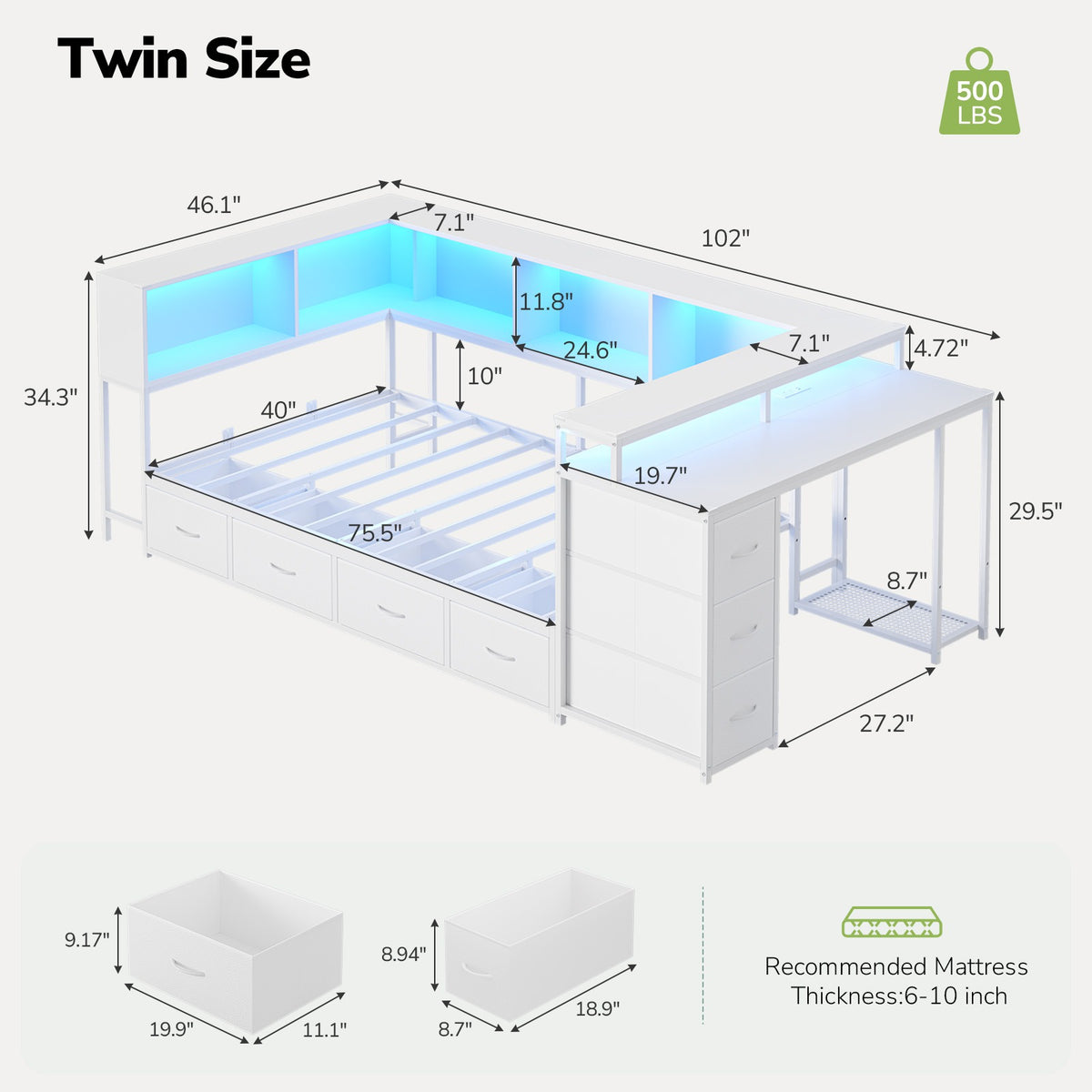 Hasuit | Twin Corner Bed Frame with Desk and 7 Storage Drawers Gaming Bed Frame with  Charging Station and Monitor Stand