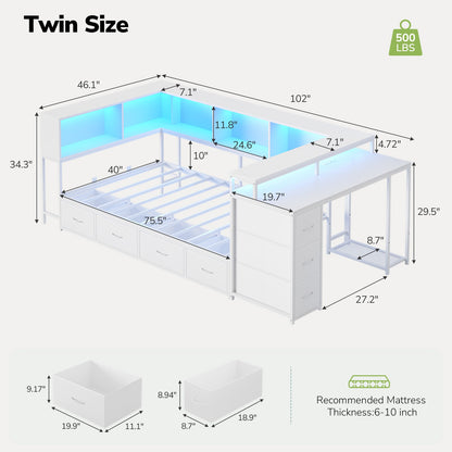 Hasuit | Twin Corner Bed Frame with Desk and 7 Storage Drawers Gaming Bed Frame with  Charging Station and Monitor Stand