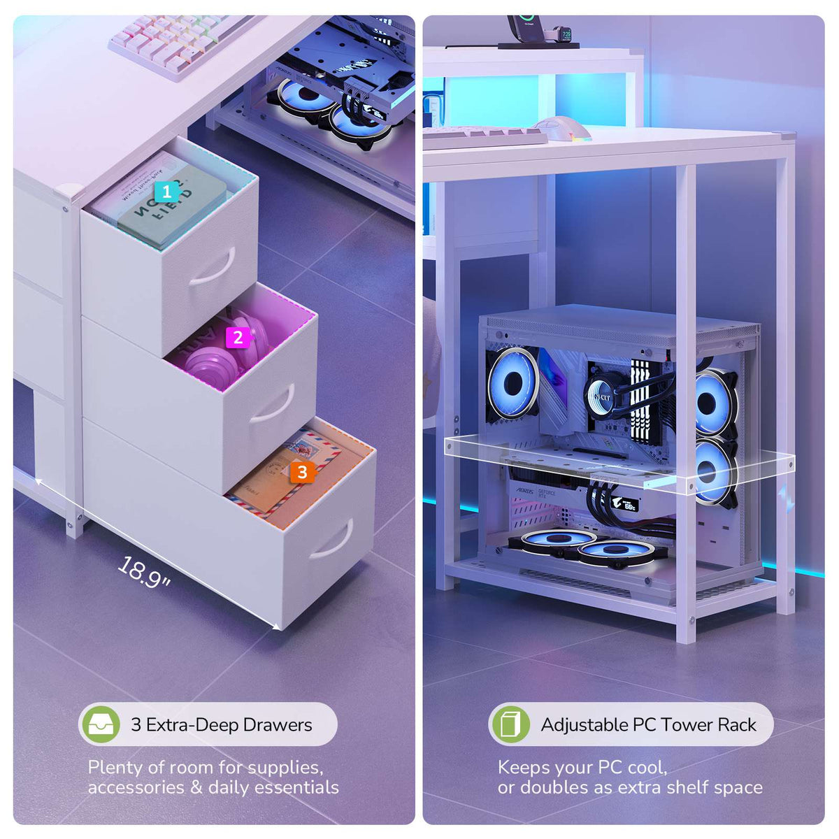 Hasuit | Twin Corner Bed Frame with Desk and 7 Storage Drawers Gaming Bed Frame with  Charging Station and Monitor Stand