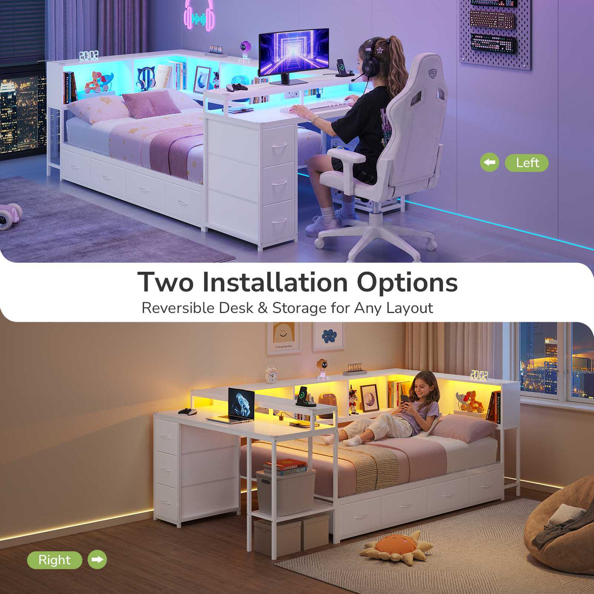 Hasuit | Twin Corner Bed Frame with Desk and 7 Storage Drawers Gaming Bed Frame with  Charging Station and Monitor Stand