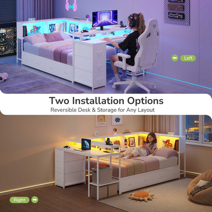Hasuit | Twin Corner Bed Frame with Desk and 7 Storage Drawers Gaming Bed Frame with  Charging Station and Monitor Stand