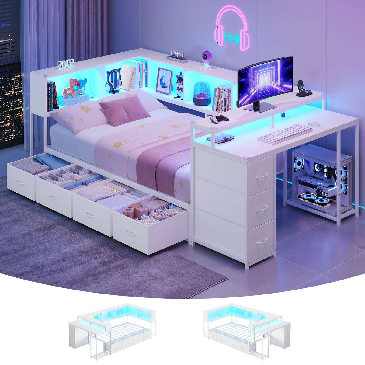 Hasuit | Twin Corner Bed Frame with Desk and 7 Storage Drawers Gaming Bed Frame with  Charging Station and Monitor Stand