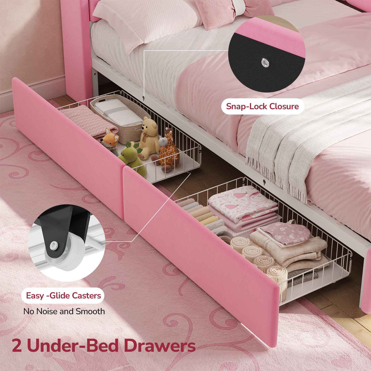 Hasuit | Corner Bed Frame with Storage Drawers and Power Outlet Velvet Upholstered Princess Bed with Hidden Storage Headboard & Safety Guardrails Pink