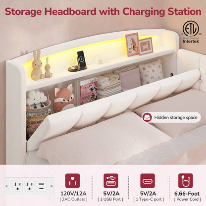 Hasuit | Corner Bed Frame with Storage Drawers and Power Outlet Velvet Upholstered Princess Bed with Hidden Storage Headboard & Safety Guardrails Pink