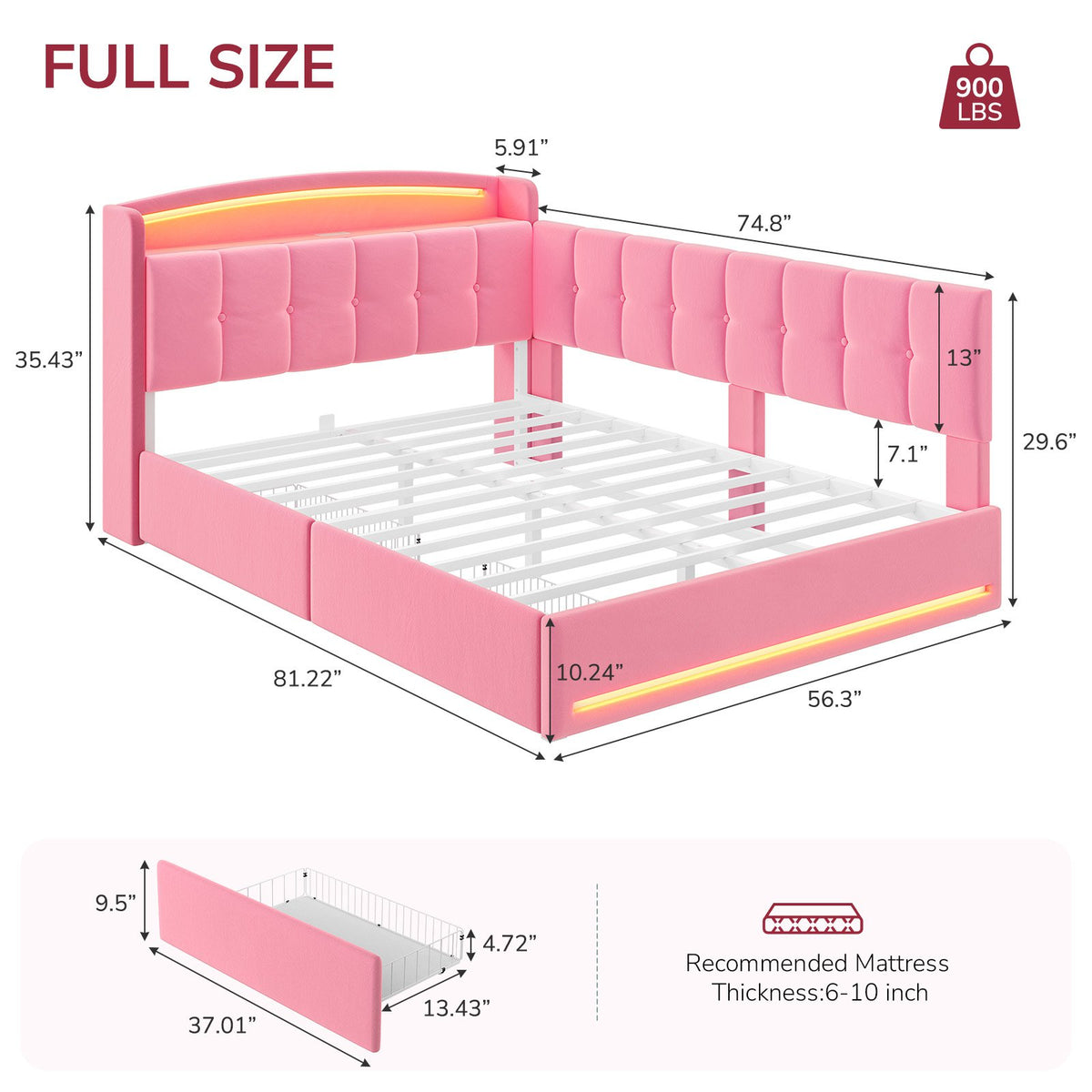 Hasuit | Corner Bed Frame with Storage Drawers and Power Outlet Velvet Upholstered Princess Bed with Hidden Storage Headboard & Safety Guardrails Pink