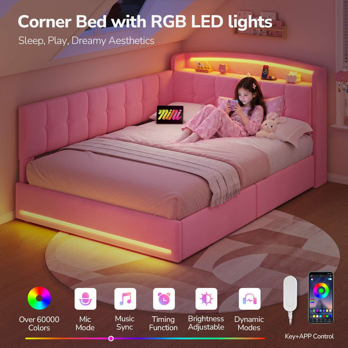 Hasuit | Corner Bed Frame with Storage Drawers and Power Outlet Velvet Upholstered Princess Bed with Hidden Storage Headboard & Safety Guardrails Pink