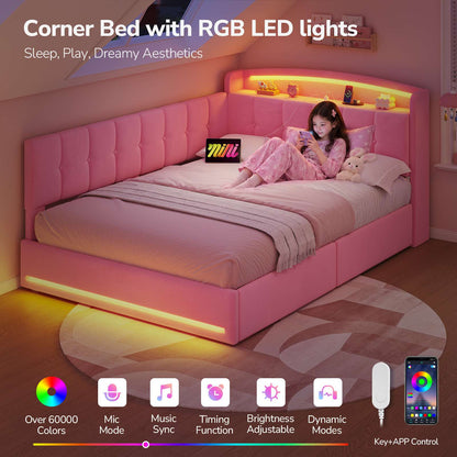 Hasuit | Corner Bed Frame with Storage Drawers and Power Outlet Velvet Upholstered Princess Bed with Hidden Storage Headboard & Safety Guardrails Pink