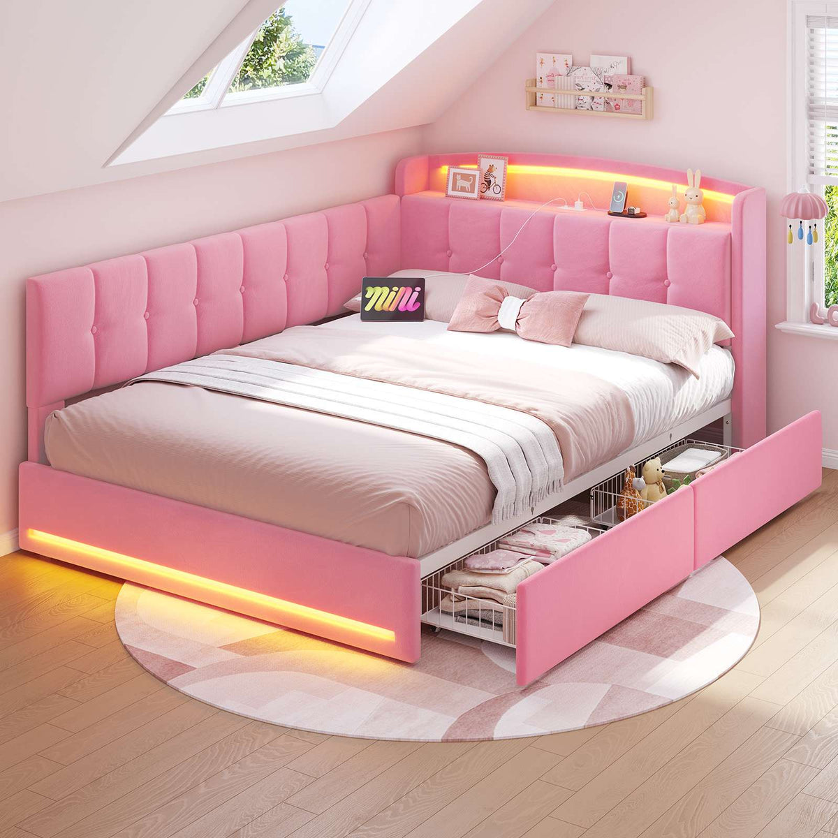 Hasuit | Corner Bed Frame with Storage Drawers and Power Outlet Velvet Upholstered Princess Bed with Hidden Storage Headboard & Safety Guardrails Pink