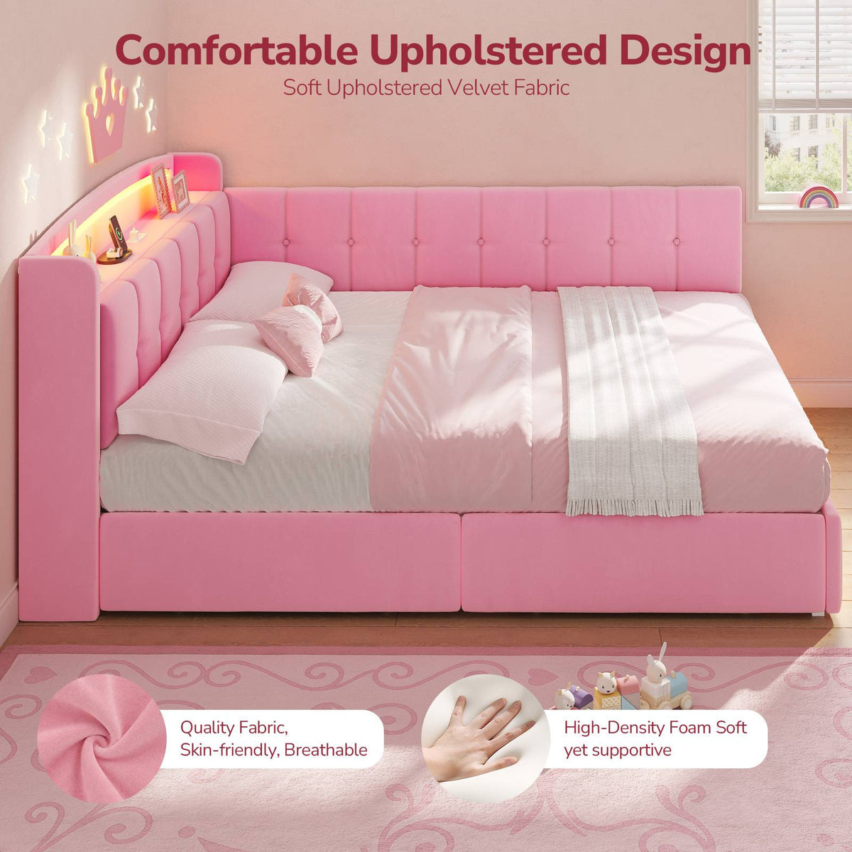 Hasuit | Corner Bed Frame with Storage Drawers and Power Outlet Velvet Upholstered Princess Bed with Hidden Storage Headboard & Safety Guardrails Pink