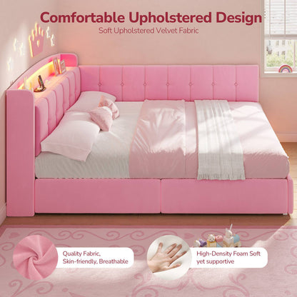 Hasuit | Corner Bed Frame with Storage Drawers and Power Outlet Velvet Upholstered Princess Bed with Hidden Storage Headboard & Safety Guardrails Pink