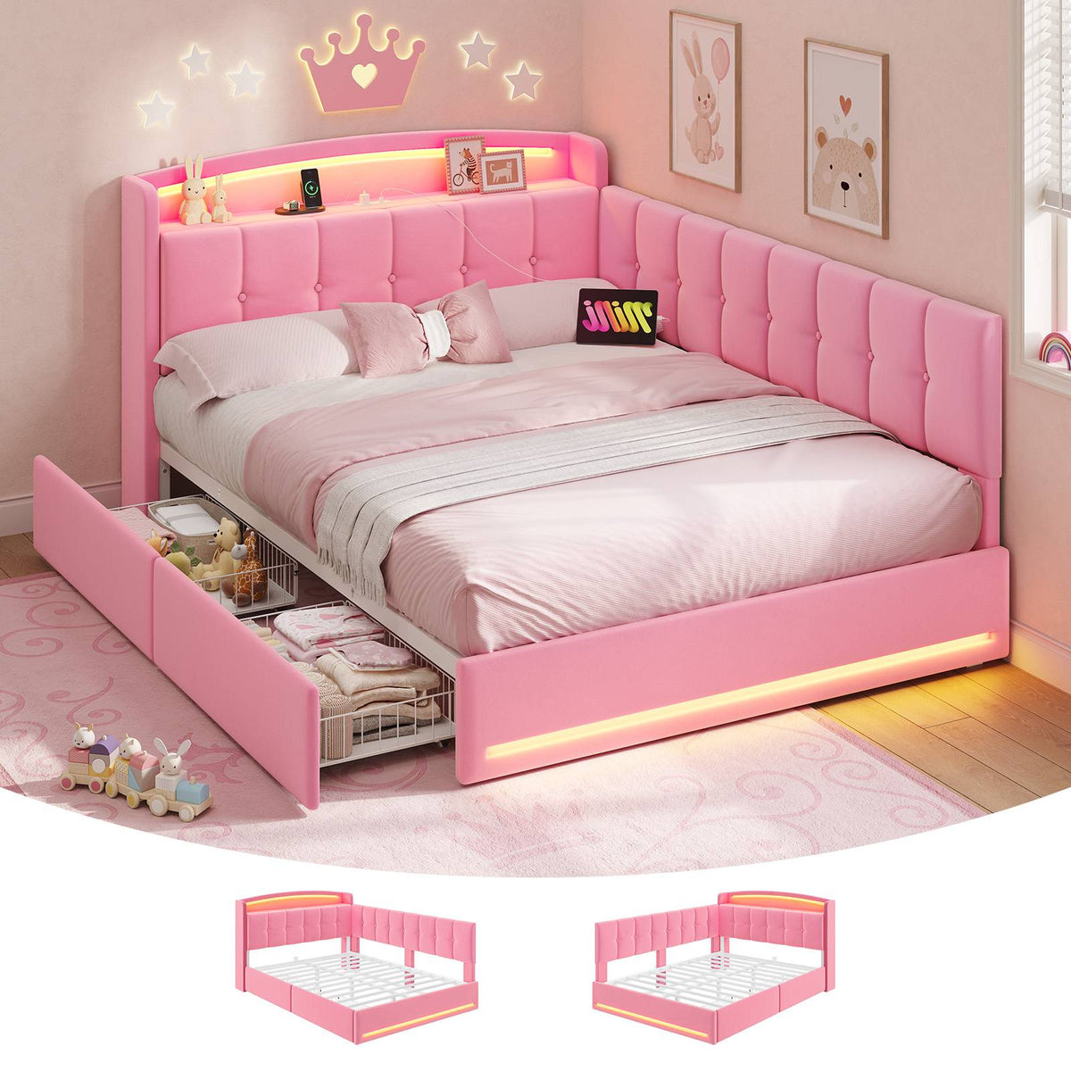 Hasuit | Corner Bed Frame with Storage Drawers and Power Outlet Velvet Upholstered Princess Bed with Hidden Storage Headboard & Safety Guardrails Pink