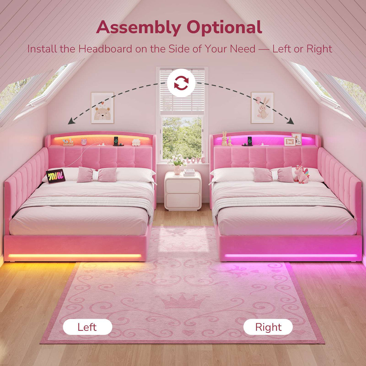 Hasuit | Corner Bed Frame with Storage Drawers and Power Outlet Velvet Upholstered Princess Bed with Hidden Storage Headboard & Safety Guardrails Pink
