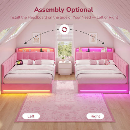 Hasuit | Corner Bed Frame with Storage Drawers and Power Outlet Velvet Upholstered Princess Bed with Hidden Storage Headboard & Safety Guardrails Pink