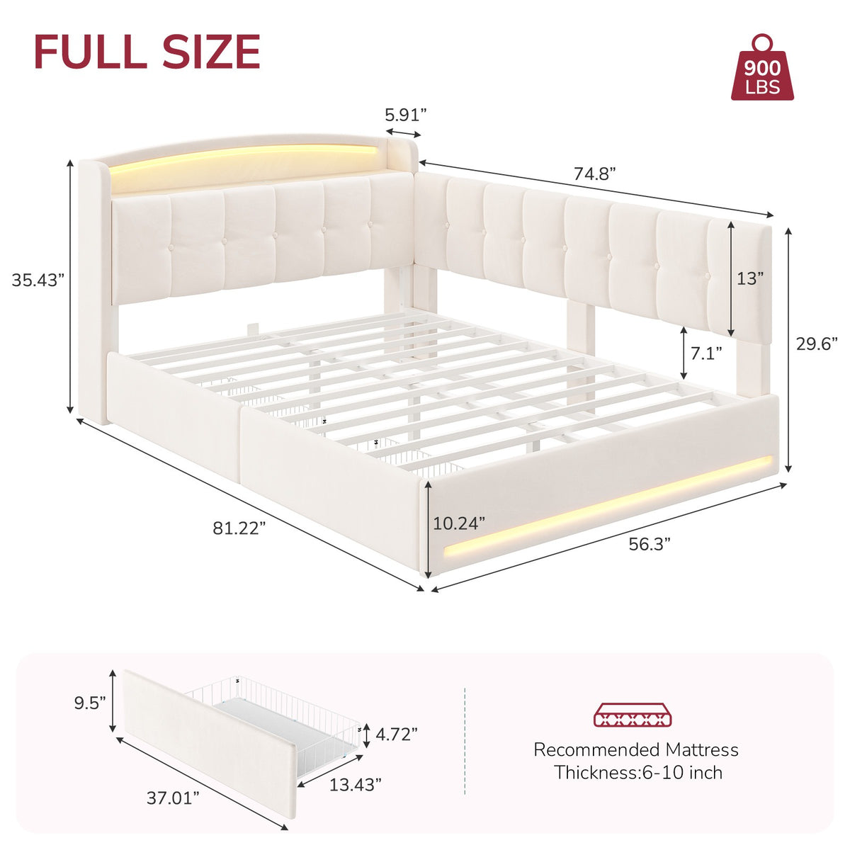 Hasuit | Corner Bed Frame with Storage Drawers and Power Outlet Velvet Upholstered Princess Bed with Hidden Storage Headboard & Safety Guardrails Beige