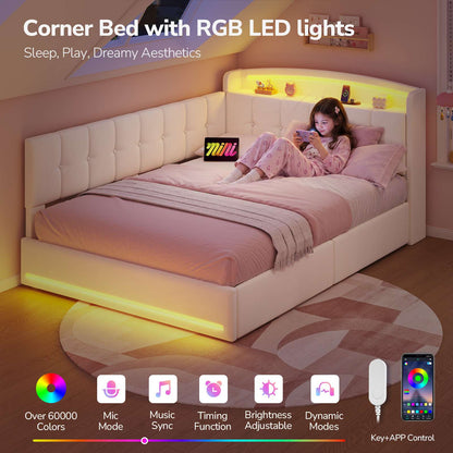 Hasuit | Corner Bed Frame with Storage Drawers and Power Outlet Velvet Upholstered Princess Bed with Hidden Storage Headboard & Safety Guardrails Beige