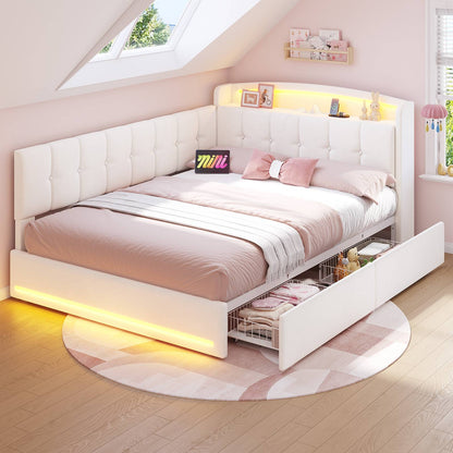 Hasuit | Corner Bed Frame with Storage Drawers and Power Outlet Velvet Upholstered Princess Bed with Hidden Storage Headboard & Safety Guardrails Beige