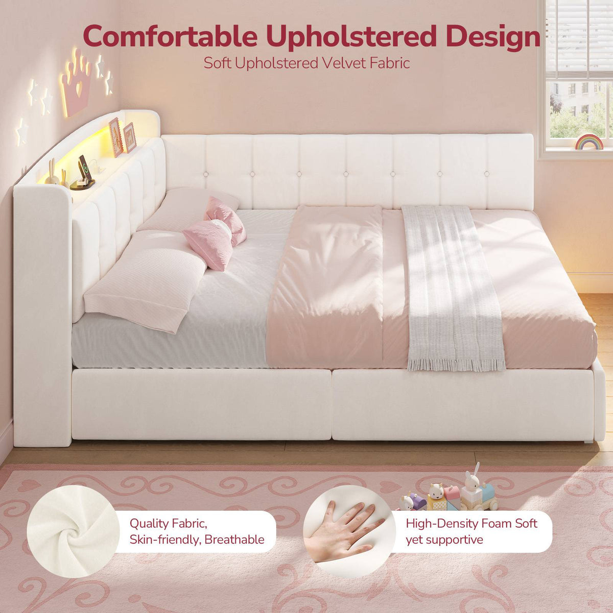 Hasuit | Corner Bed Frame with Storage Drawers and Power Outlet Velvet Upholstered Princess Bed with Hidden Storage Headboard & Safety Guardrails Beige