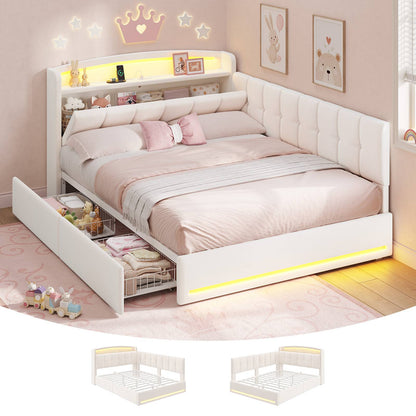 Hasuit | Corner Bed Frame with Storage Drawers and Power Outlet Velvet Upholstered Princess Bed with Hidden Storage Headboard & Safety Guardrails Beige