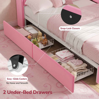 Hasuit | Corner Bed Frame with Storage Drawers and Power Outlet Velvet Upholstered Princess Bed with Hidden Storage Headboard & Safety Guardrails Pink