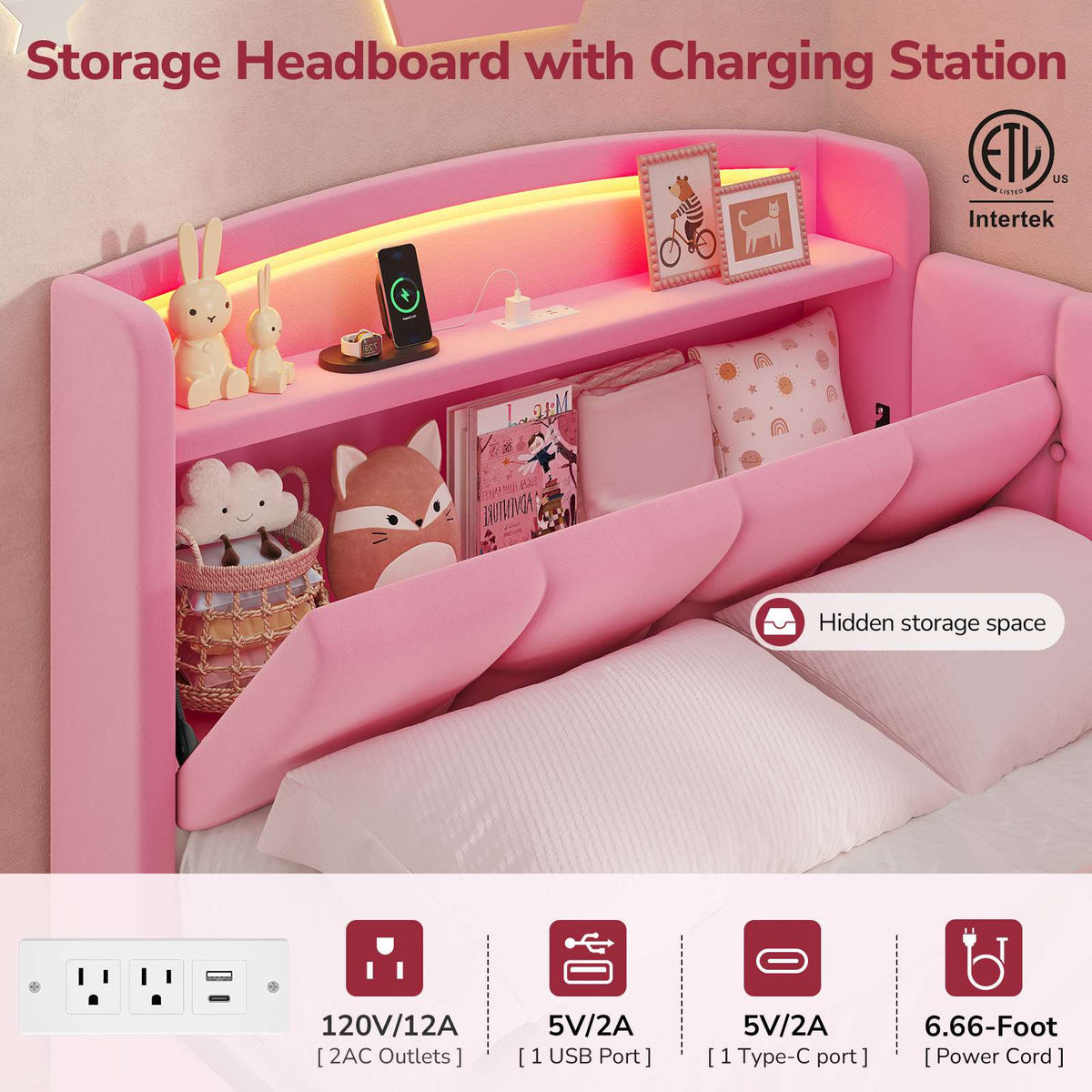 Hasuit | Corner Bed Frame with Storage Drawers and Power Outlet Velvet Upholstered Princess Bed with Hidden Storage Headboard & Safety Guardrails Pink