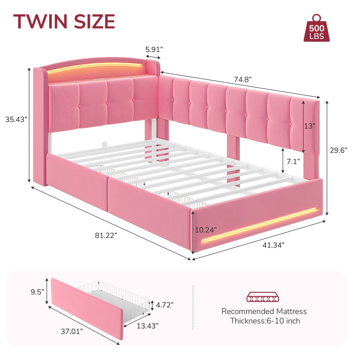 Hasuit | Corner Bed Frame with Storage Drawers and Power Outlet Velvet Upholstered Princess Bed with Hidden Storage Headboard & Safety Guardrails Pink