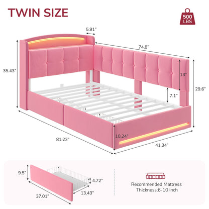 Hasuit | Corner Bed Frame with Storage Drawers and Power Outlet Velvet Upholstered Princess Bed with Hidden Storage Headboard & Safety Guardrails Pink
