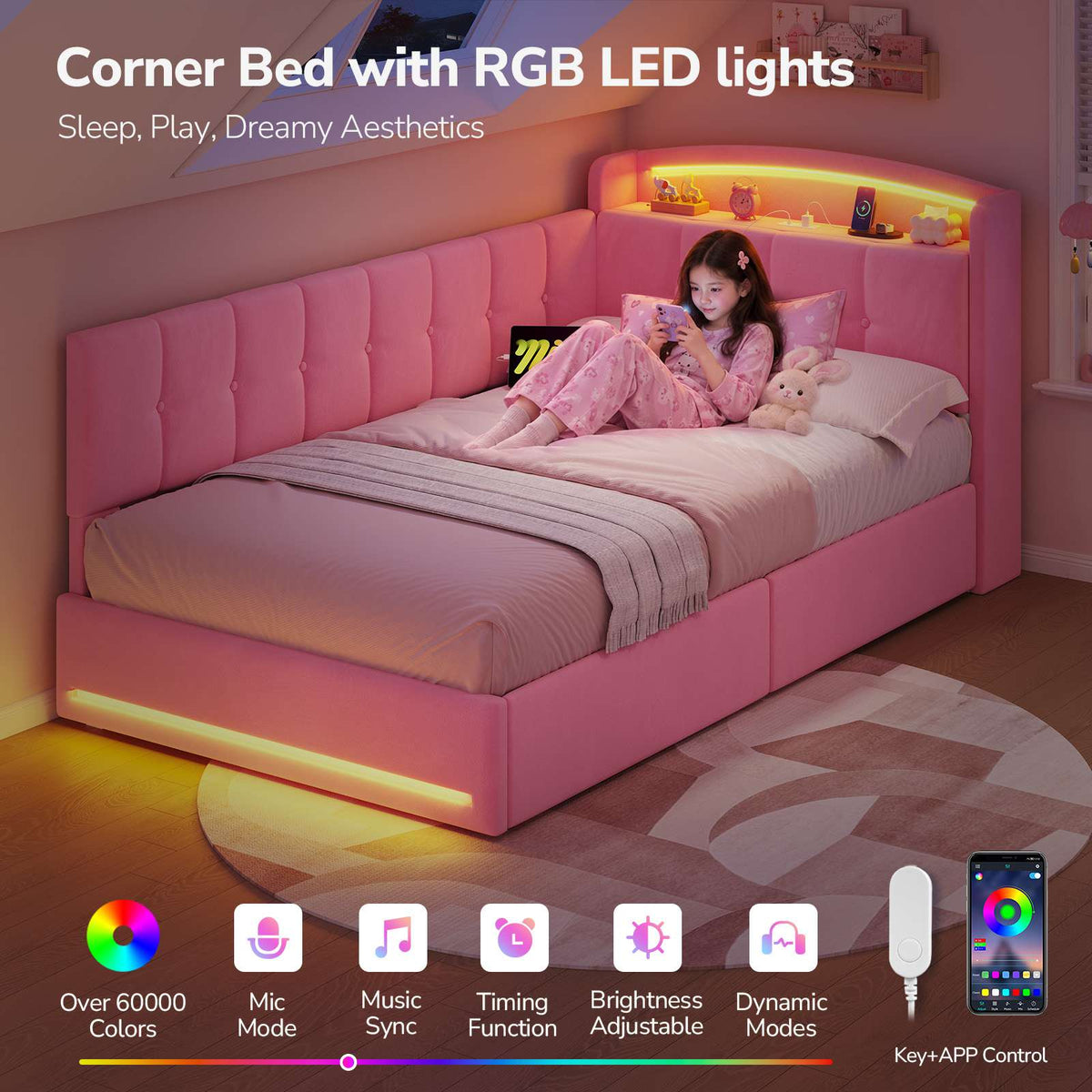 Hasuit | Corner Bed Frame with Storage Drawers and Power Outlet Velvet Upholstered Princess Bed with Hidden Storage Headboard & Safety Guardrails Pink