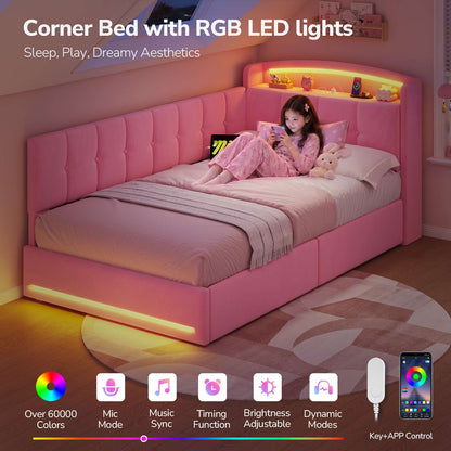 Hasuit | Corner Bed Frame with Storage Drawers and Power Outlet Velvet Upholstered Princess Bed with Hidden Storage Headboard & Safety Guardrails Pink