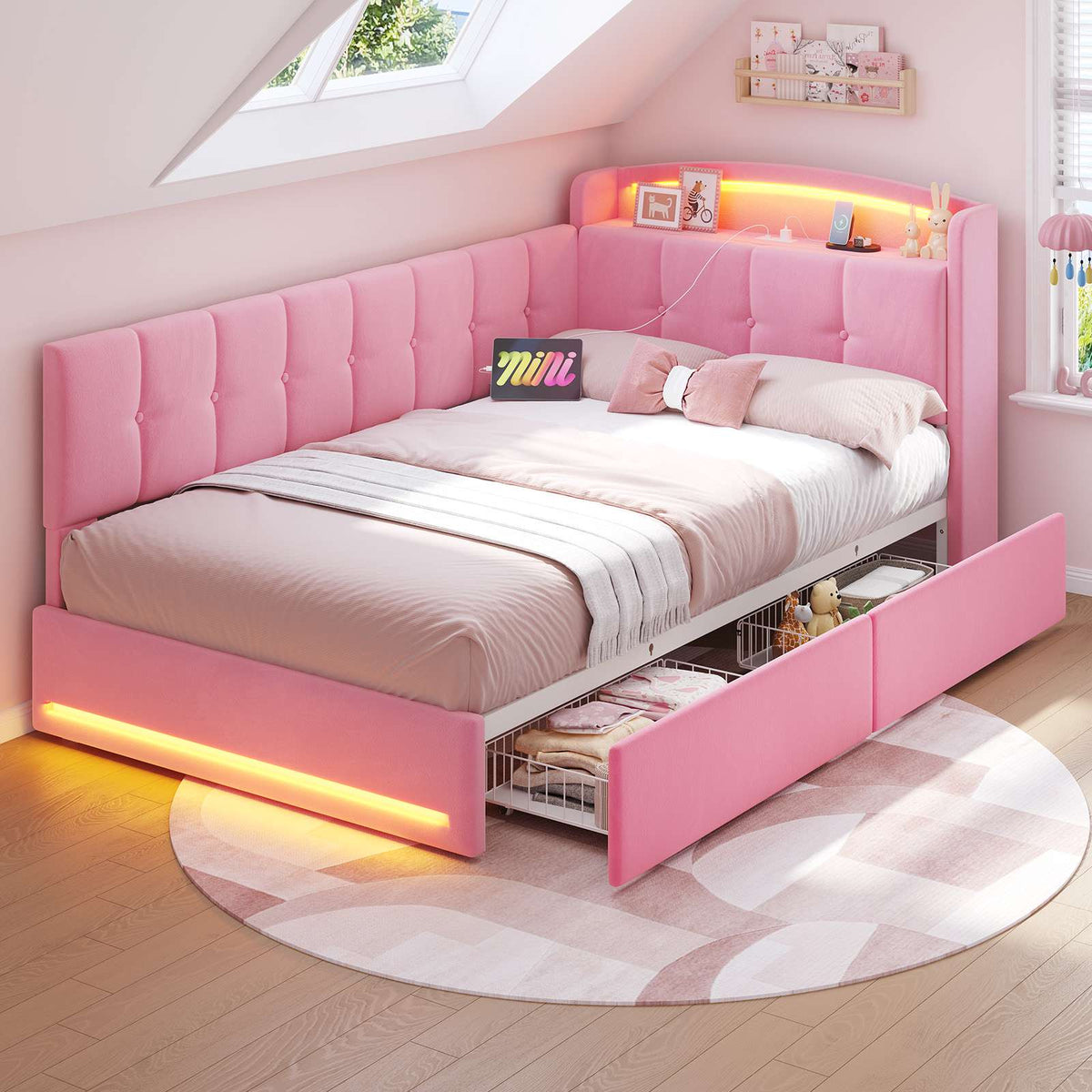 Hasuit | Corner Bed Frame with Storage Drawers and Power Outlet Velvet Upholstered Princess Bed with Hidden Storage Headboard & Safety Guardrails Pink
