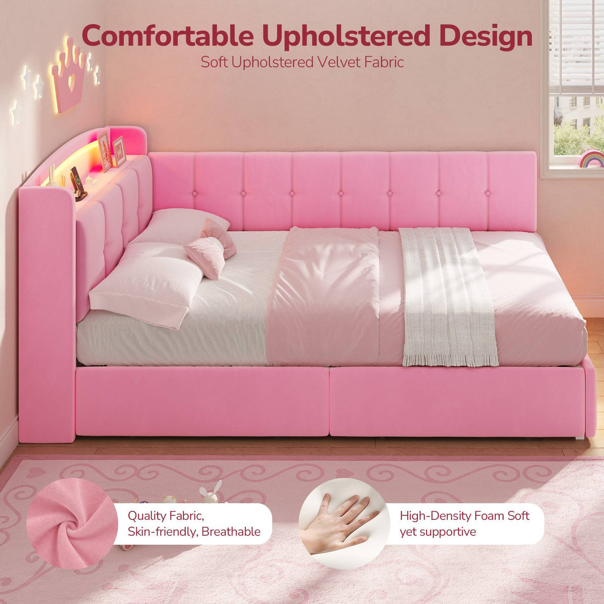 Hasuit | Corner Bed Frame with Storage Drawers and Power Outlet Velvet Upholstered Princess Bed with Hidden Storage Headboard & Safety Guardrails Pink