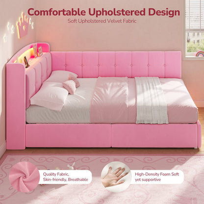 Hasuit | Corner Bed Frame with Storage Drawers and Power Outlet Velvet Upholstered Princess Bed with Hidden Storage Headboard & Safety Guardrails Pink
