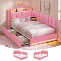 Hasuit | Corner Bed Frame with Storage Drawers and Power Outlet Velvet Upholstered Princess Bed with Hidden Storage Headboard & Safety Guardrails Pink