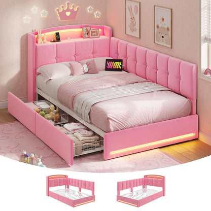 Hasuit | Corner Bed Frame with Storage Drawers and Power Outlet Velvet Upholstered Princess Bed with Hidden Storage Headboard & Safety Guardrails Pink