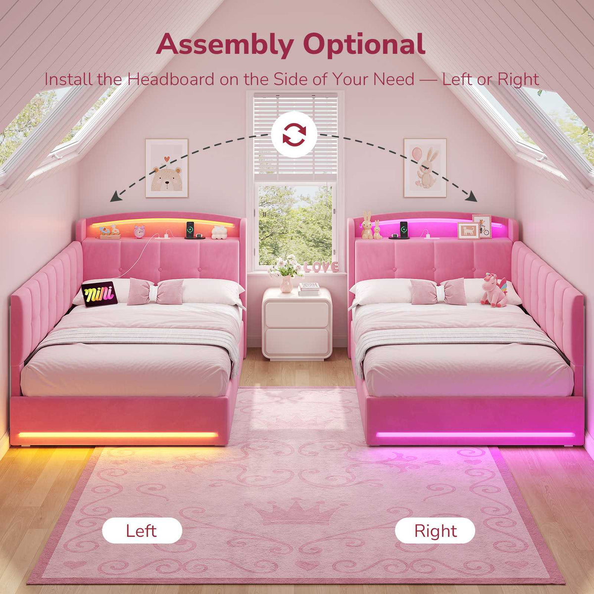 Hasuit | Corner Bed Frame with Storage Drawers and Power Outlet Velvet Upholstered Princess Bed with Hidden Storage Headboard & Safety Guardrails Pink
