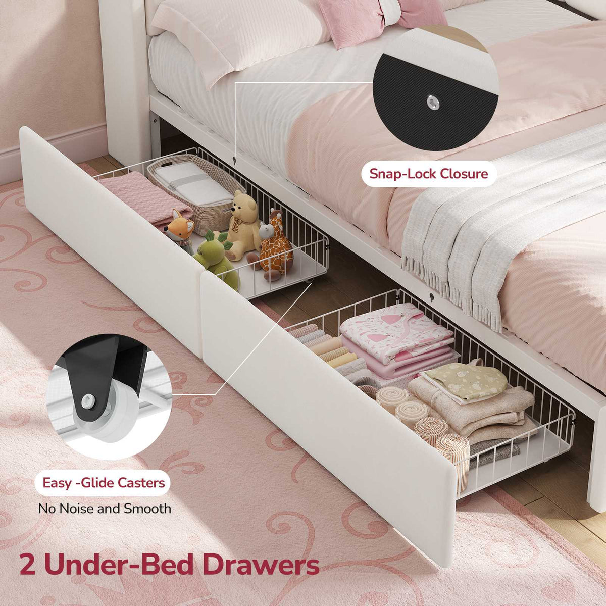 Hasuit | Corner Bed Frame with Storage Drawers and Power Outlet Velvet Upholstered Princess Bed with Hidden Storage Headboard & Safety Guardrails Beige