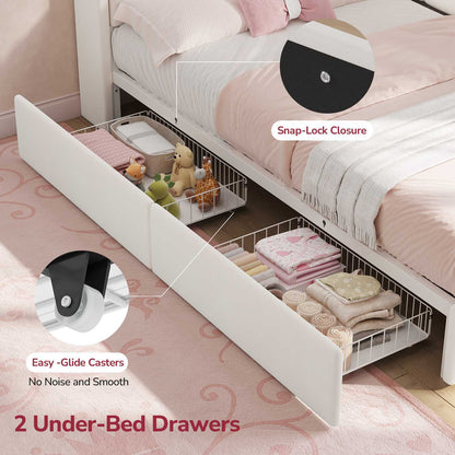 Hasuit | Corner Bed Frame with Storage Drawers and Power Outlet Velvet Upholstered Princess Bed with Hidden Storage Headboard & Safety Guardrails Beige