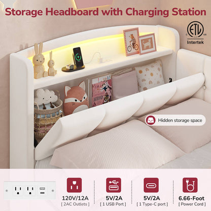 Hasuit | Corner Bed Frame with Storage Drawers and Power Outlet Velvet Upholstered Princess Bed with Hidden Storage Headboard & Safety Guardrails Beige