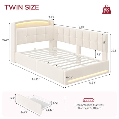 Hasuit | Corner Bed Frame with Storage Drawers and Power Outlet Velvet Upholstered Princess Bed with Hidden Storage Headboard & Safety Guardrails Beige