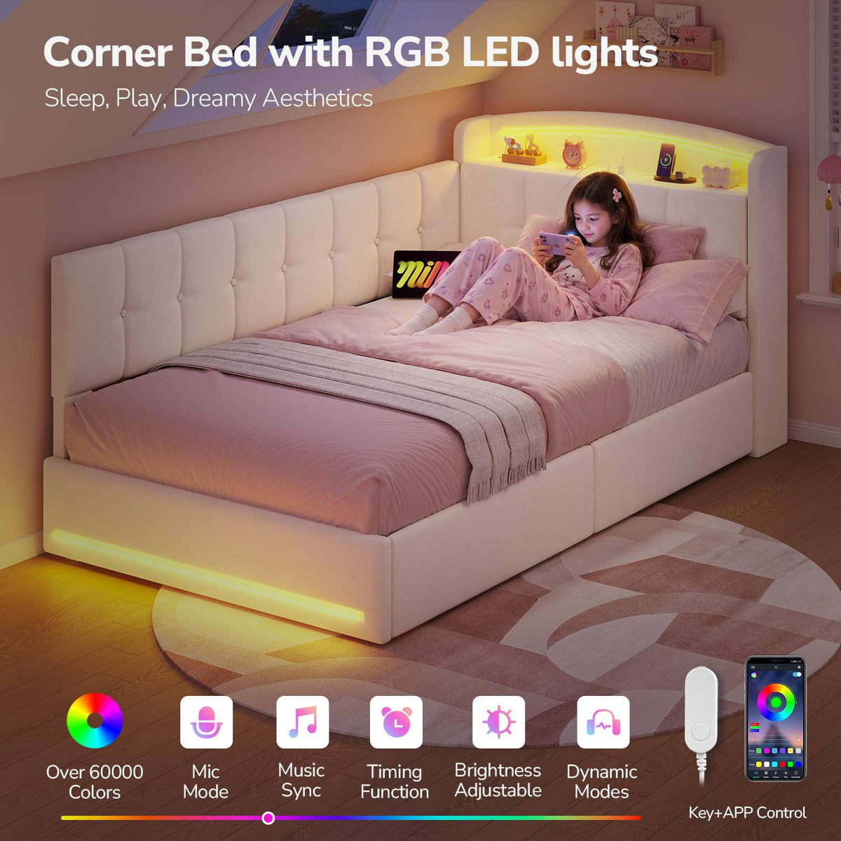 Hasuit | Corner Bed Frame with Storage Drawers and Power Outlet Velvet Upholstered Princess Bed with Hidden Storage Headboard & Safety Guardrails Beige